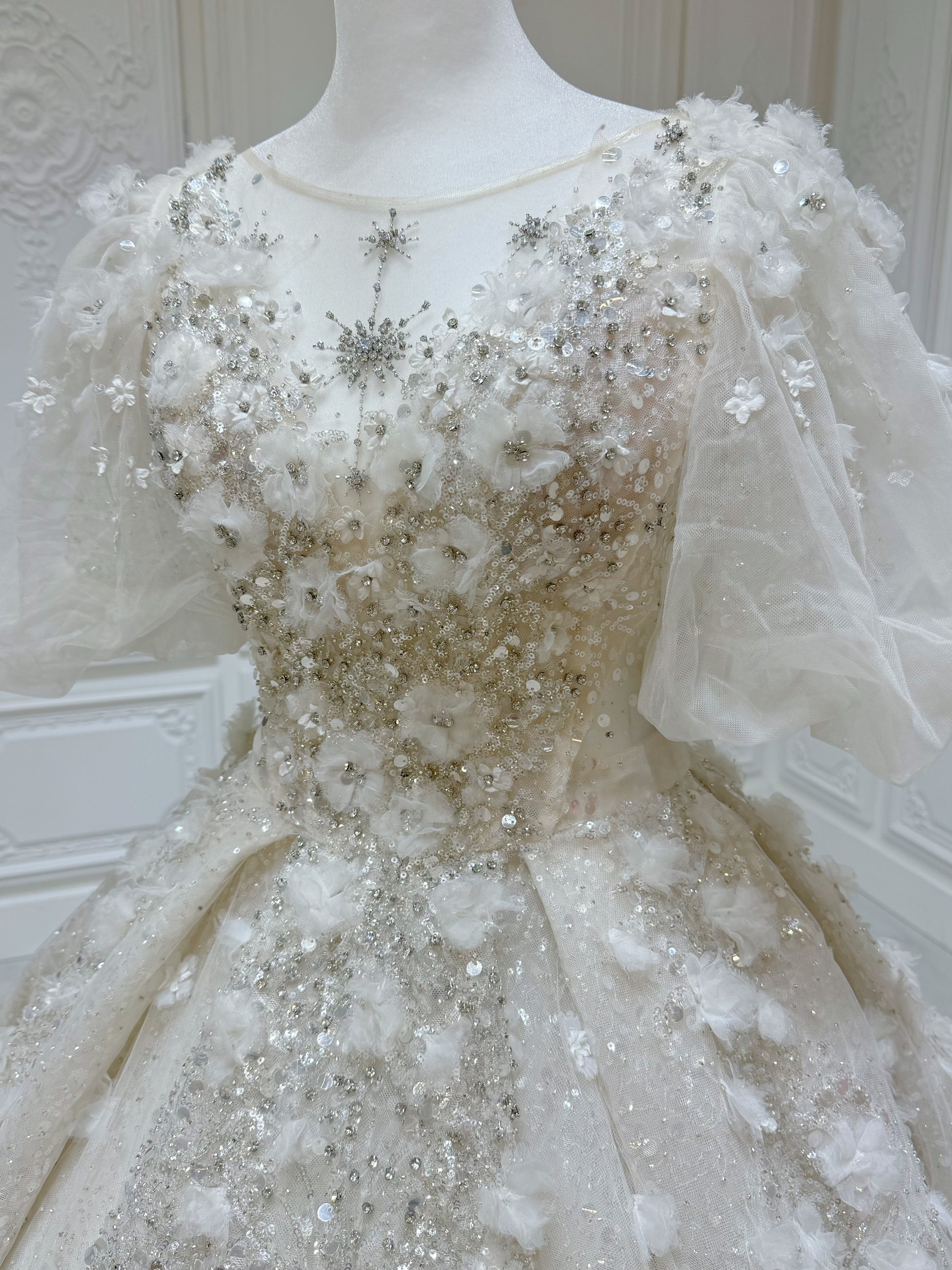 Stock Clearance! Floor sample Bridal Size 2! Custom-made sparkling beading with 3D floral puffy short sleeve ivory Aline fairy wedding dress - Ting's Bridal Collection