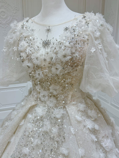 Stock Clearance! Floor sample Bridal Size 2! Custom-made sparkling beading with 3D floral puffy short sleeve ivory Aline fairy wedding dress - Ting's Bridal Collection