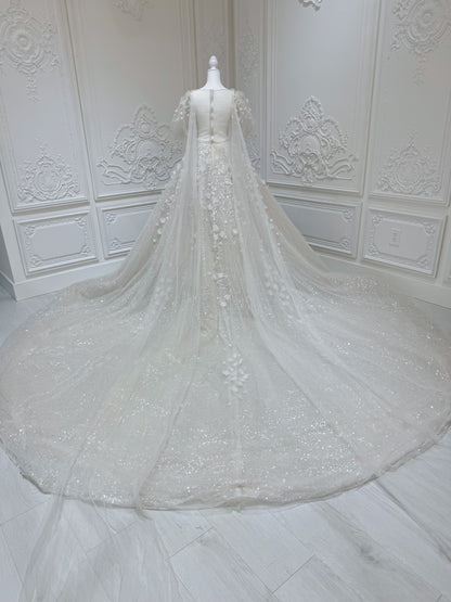 Stock Clearance! Floor sample Bridal Size 2! Custom-made sparkling beading with 3D floral puffy short sleeve ivory Aline fairy wedding dress - Ting's Bridal Collection
