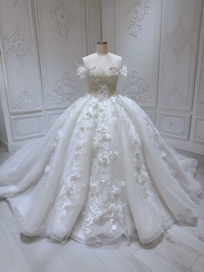 Stock of White 3D floral princess ballgown fairy wedding dress - Ting's Bridal Collection