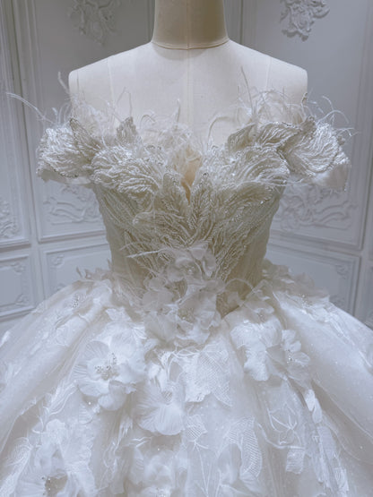 Stock of White 3D floral princess ballgown fairy wedding dress - Ting's Bridal Collection