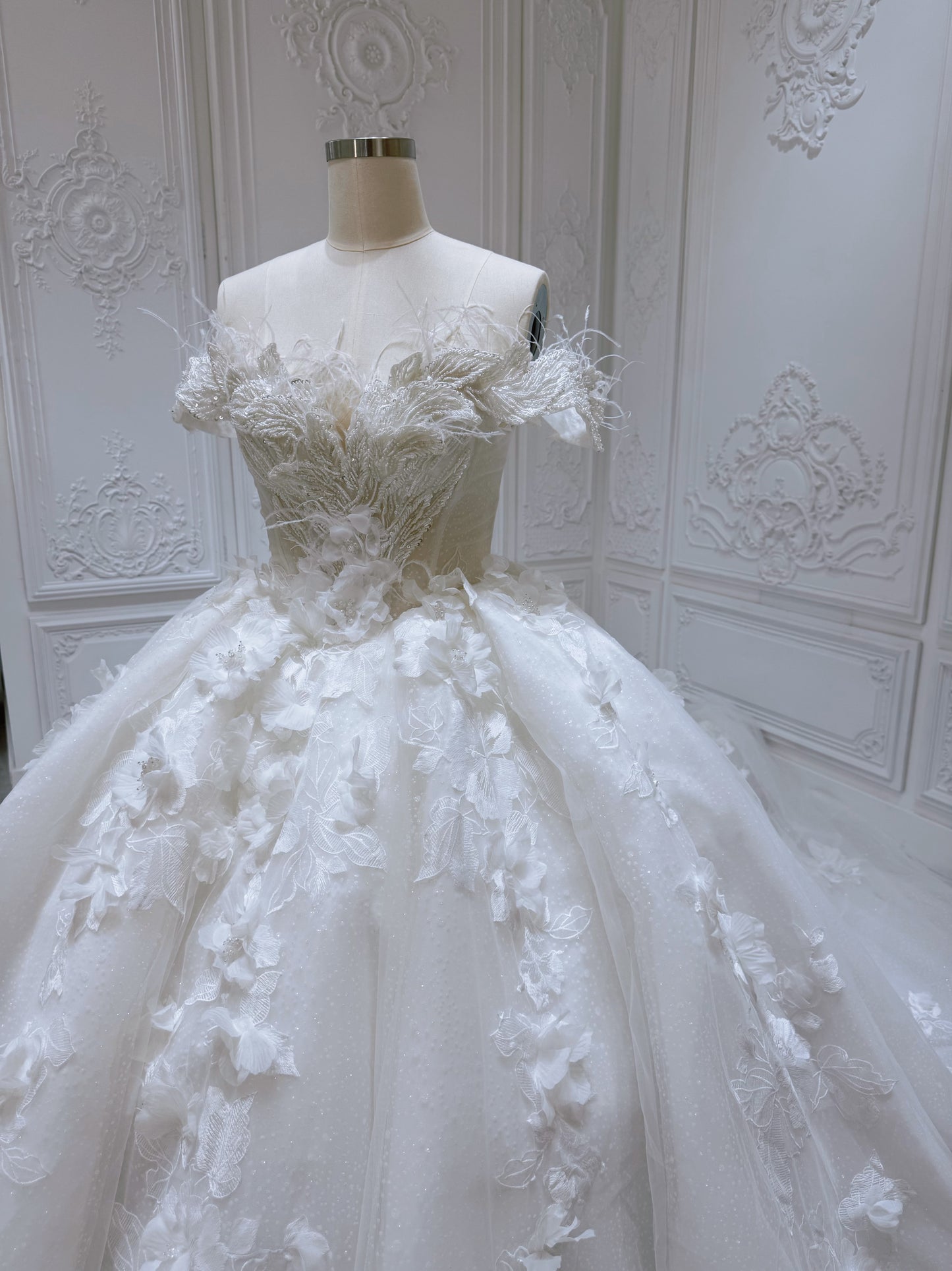 Stock of White 3D floral princess ballgown fairy wedding dress - Ting's Bridal Collection