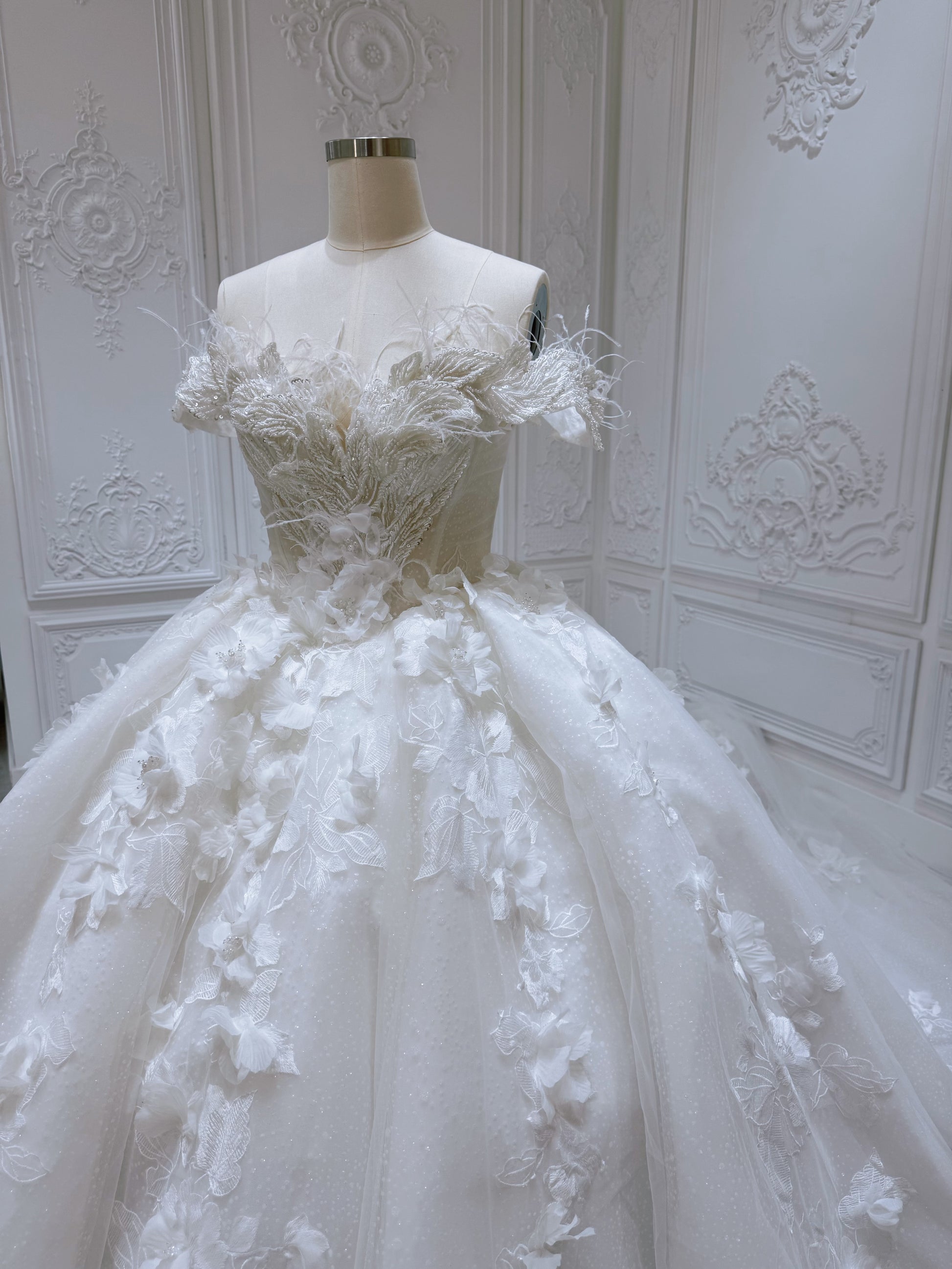 Stock of White 3D floral princess ballgown fairy wedding dress - Ting's Bridal Collection