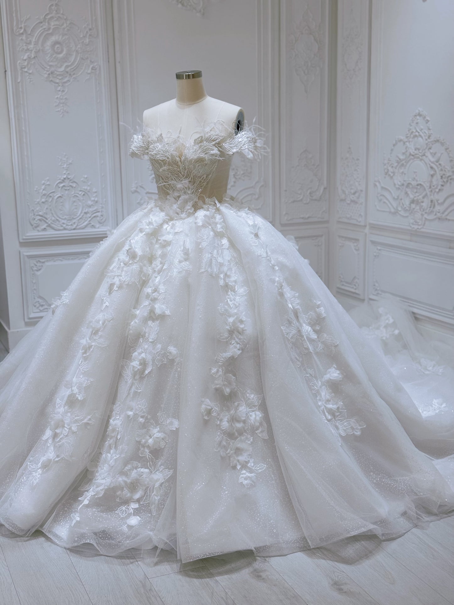 Stock of White 3D floral princess ballgown fairy wedding dress - Ting's Bridal Collection