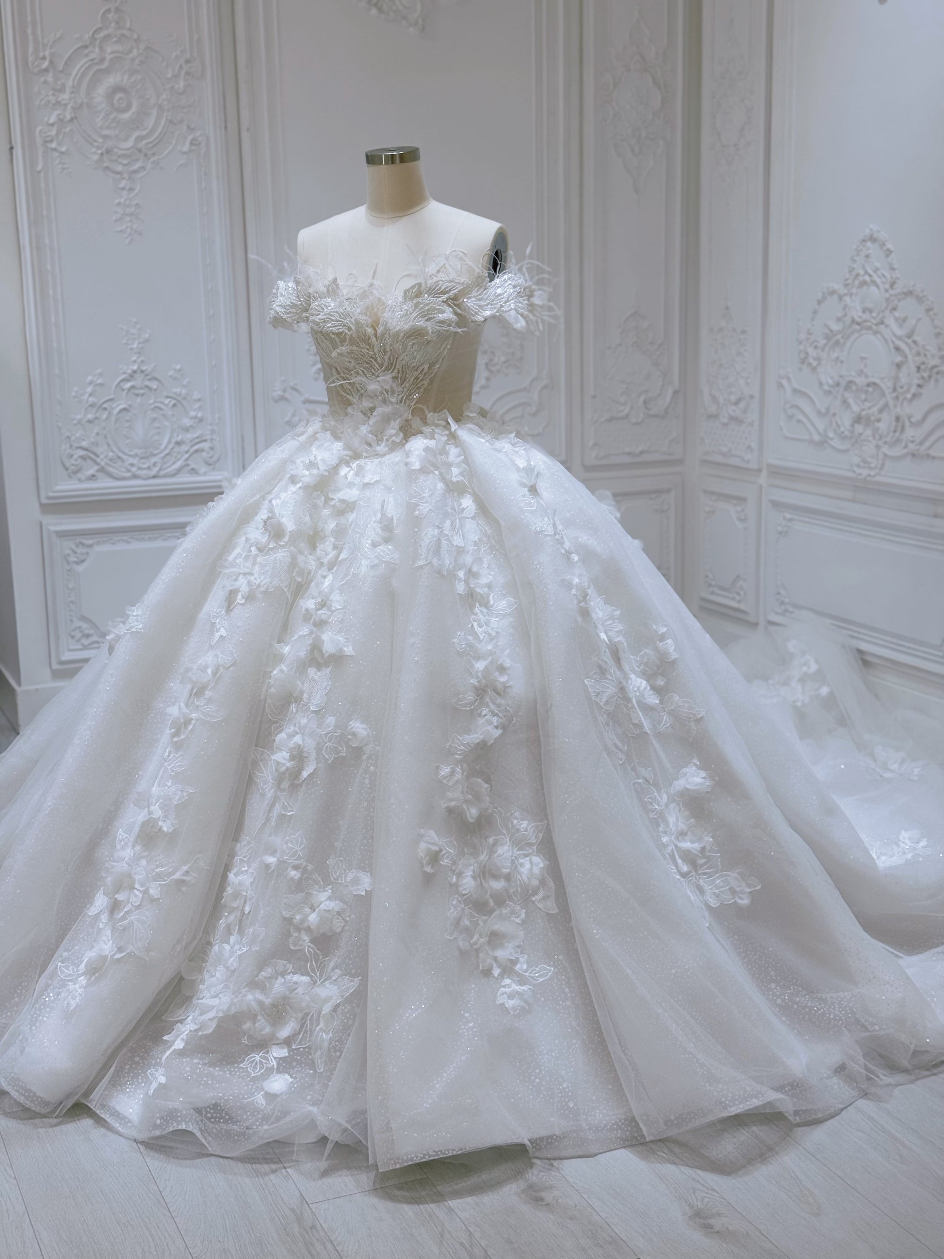 Stock of White 3D floral princess ballgown fairy wedding dress - Ting's Bridal Collection