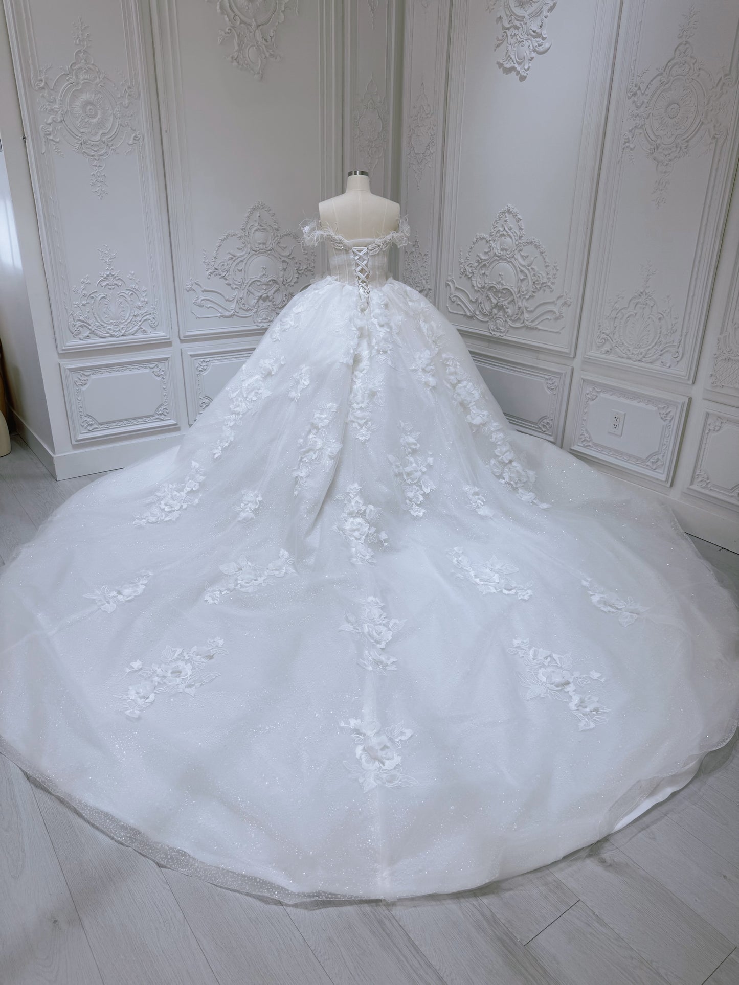 Stock of White 3D floral princess ballgown fairy wedding dress - Ting's Bridal Collection