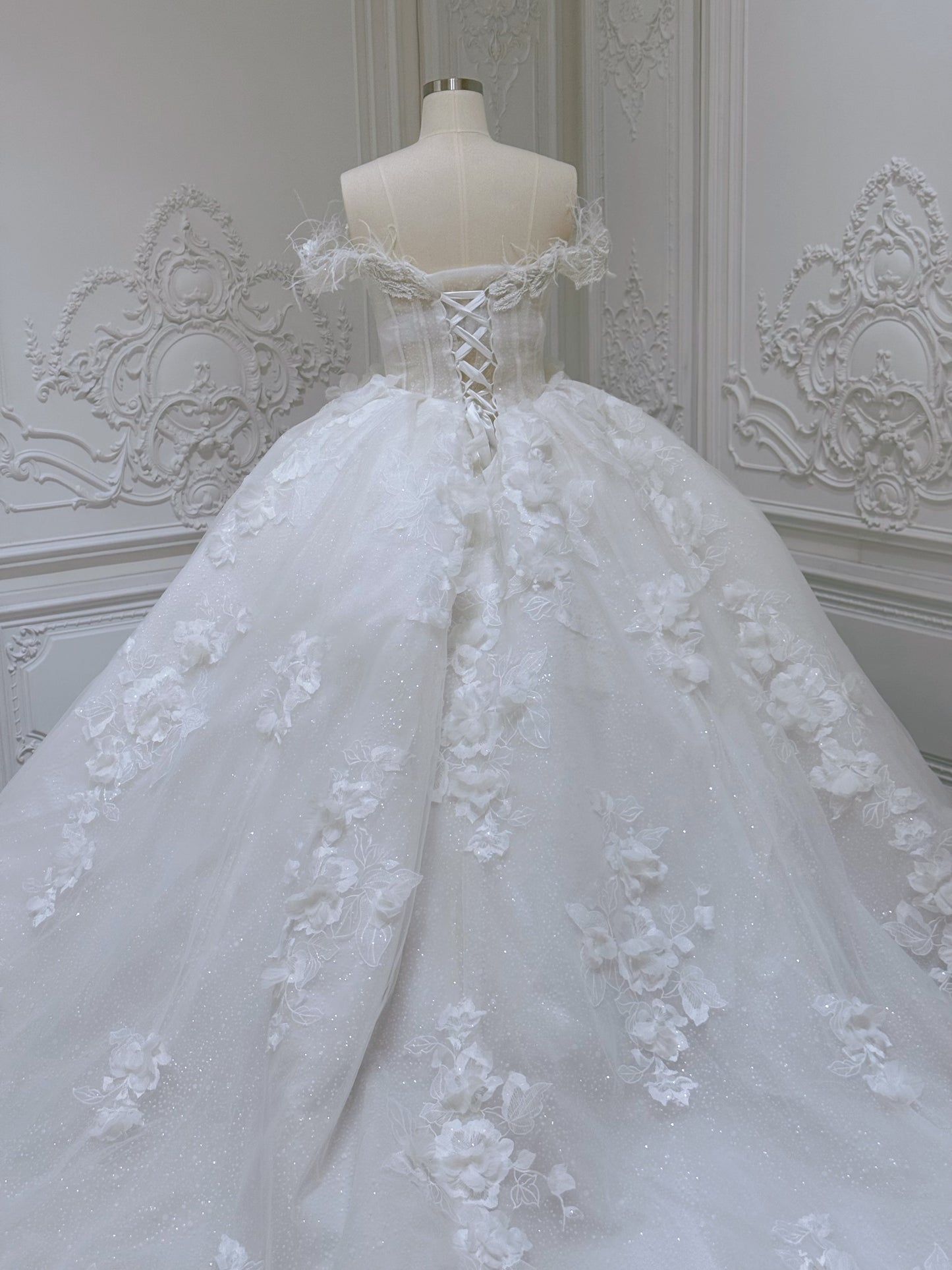 Stock of White 3D floral princess ballgown fairy wedding dress - Ting's Bridal Collection
