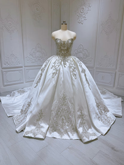 Stock of white luxury beading sparkling satin ballgown royal wedding dress - Ting's Bridal Collection