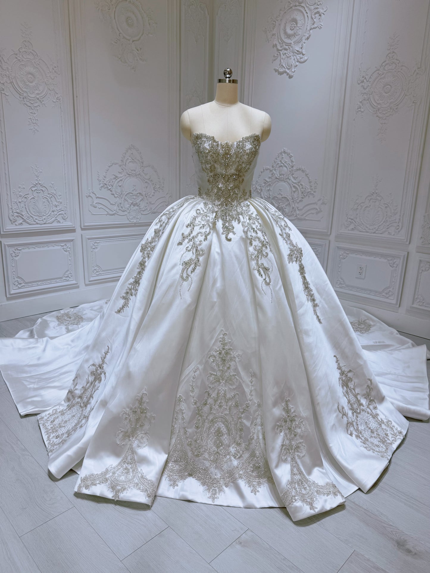 Stock of white luxury beading sparkling satin ballgown royal wedding dress - Ting's Bridal Collection