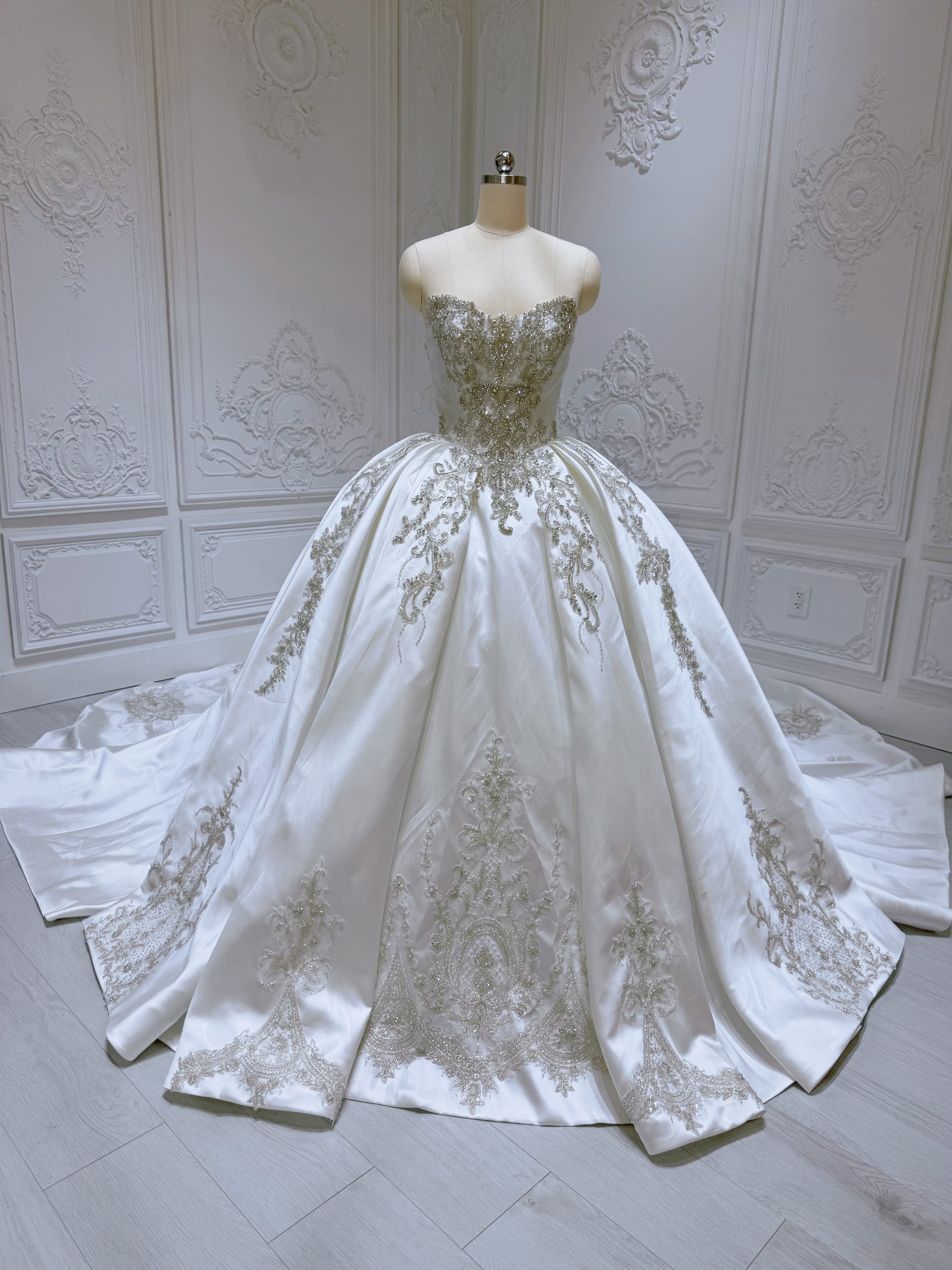 Stock of white luxury beading sparkling satin ballgown royal wedding dress - Ting's Bridal Collection