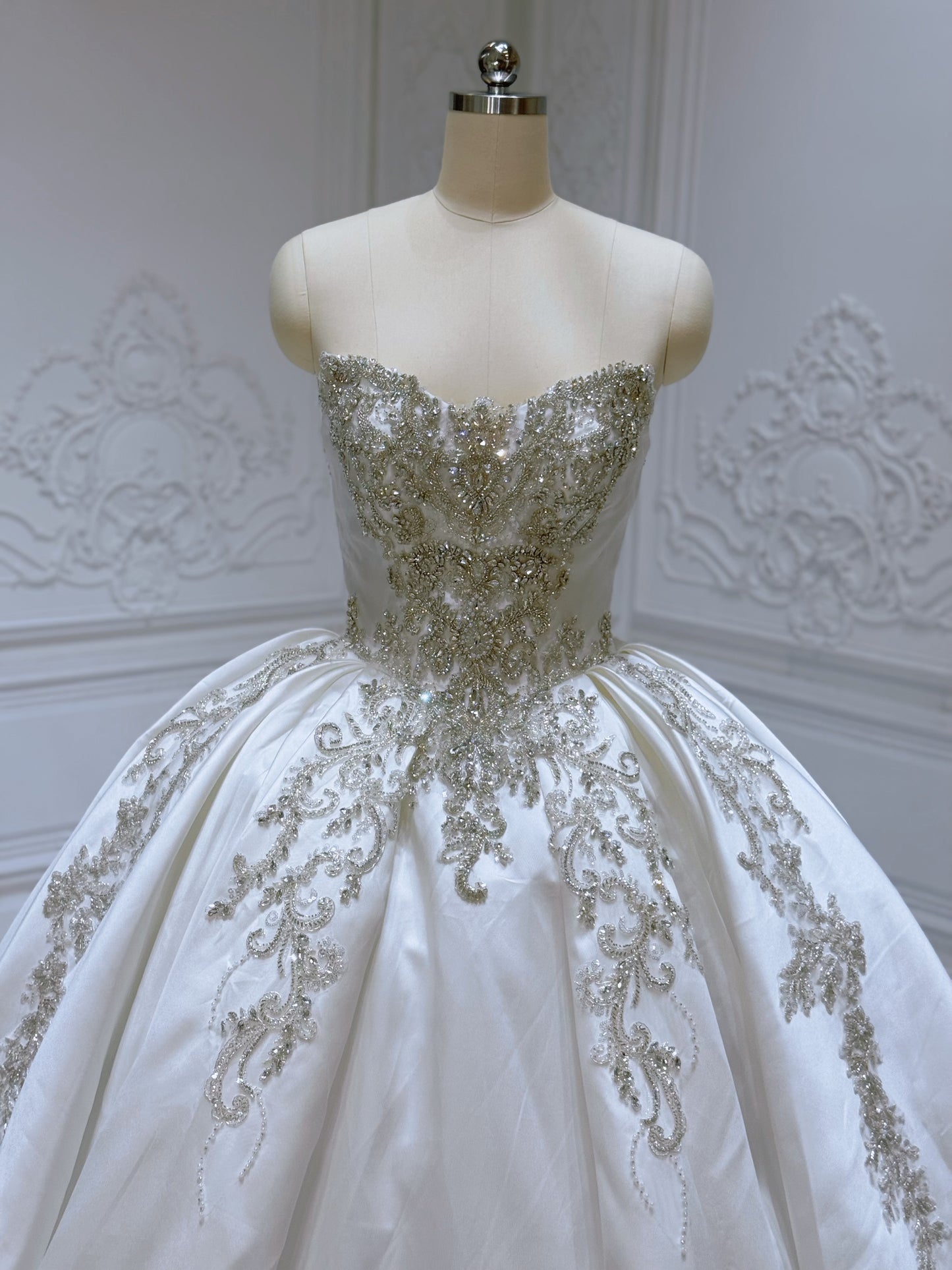 Stock of white luxury beading sparkling satin ballgown royal wedding dress - Ting's Bridal Collection