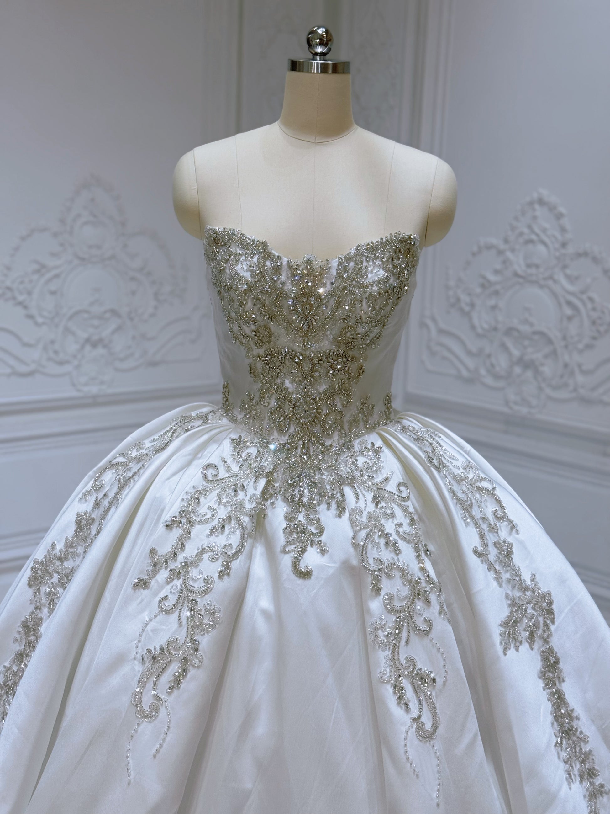 Stock of white luxury beading sparkling satin ballgown royal wedding dress - Ting's Bridal Collection