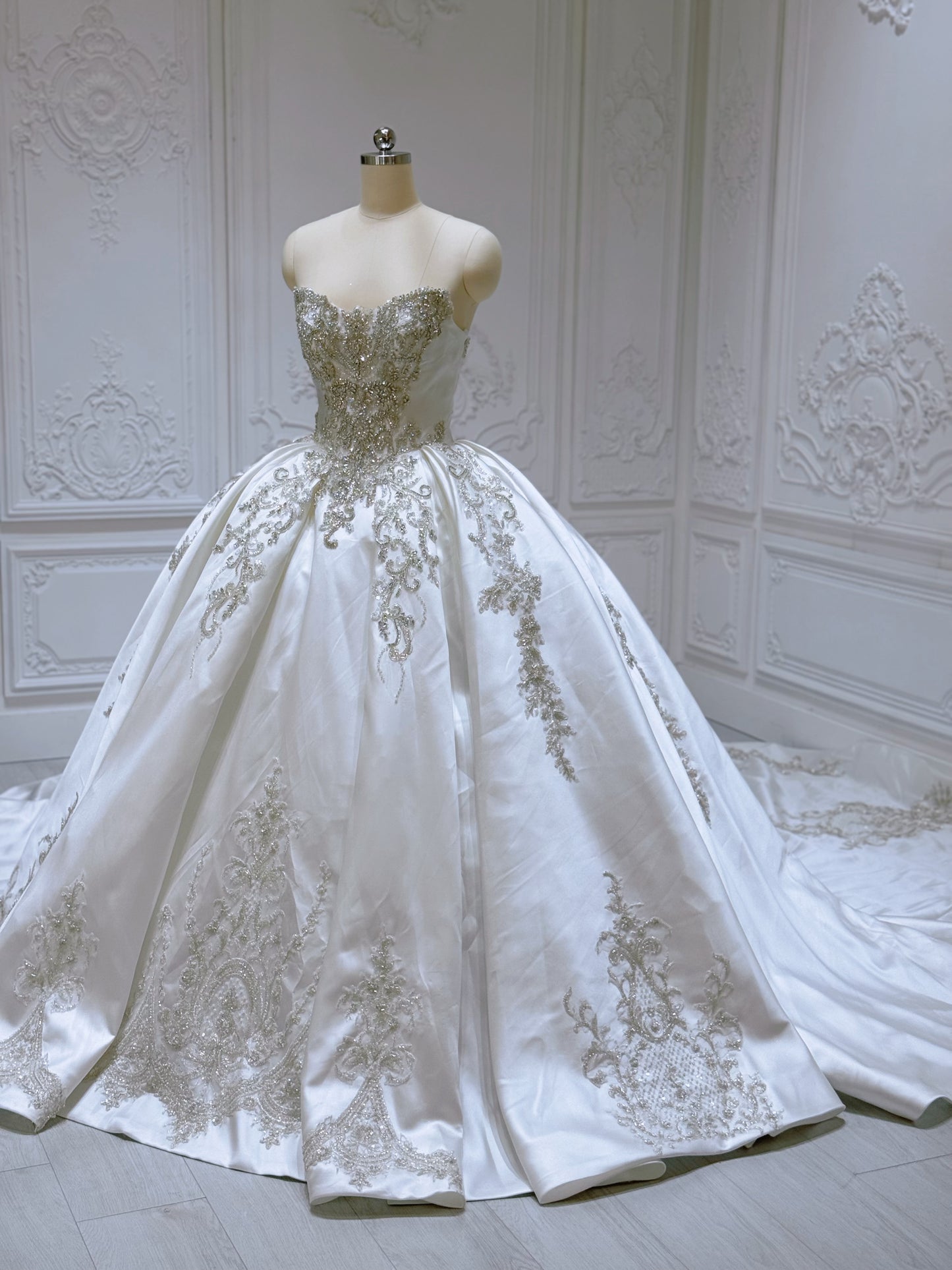 Stock of white luxury beading sparkling satin ballgown royal wedding dress - Ting's Bridal Collection