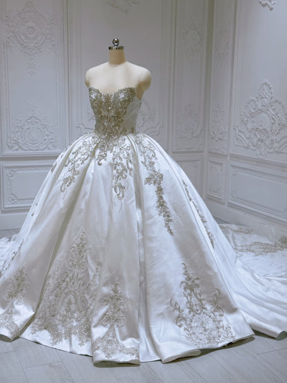 Stock of white luxury beading sparkling satin ballgown royal wedding dress - Ting's Bridal Collection