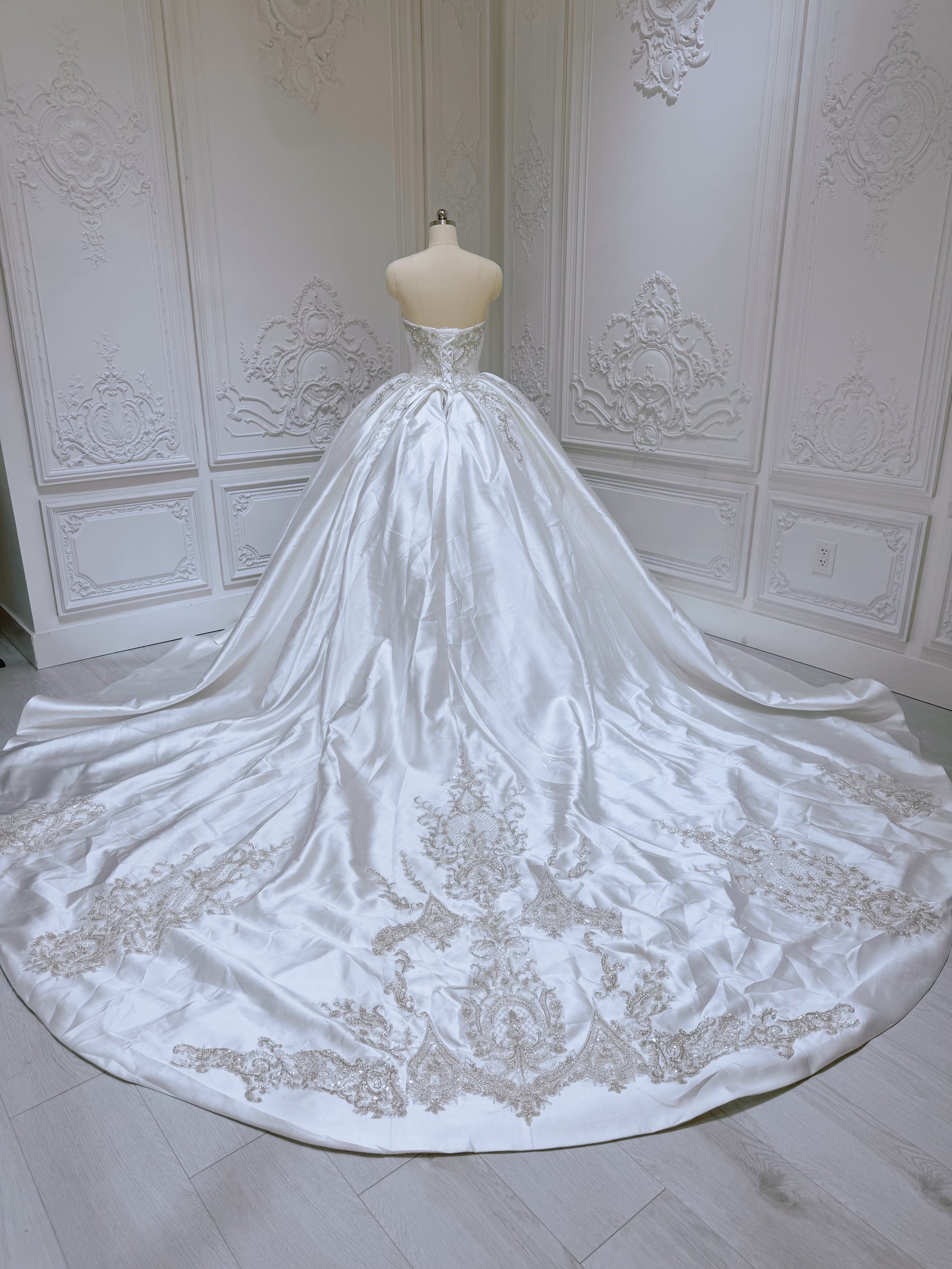 Stock of white luxury beading sparkling satin ballgown royal wedding dress - Ting's Bridal Collection