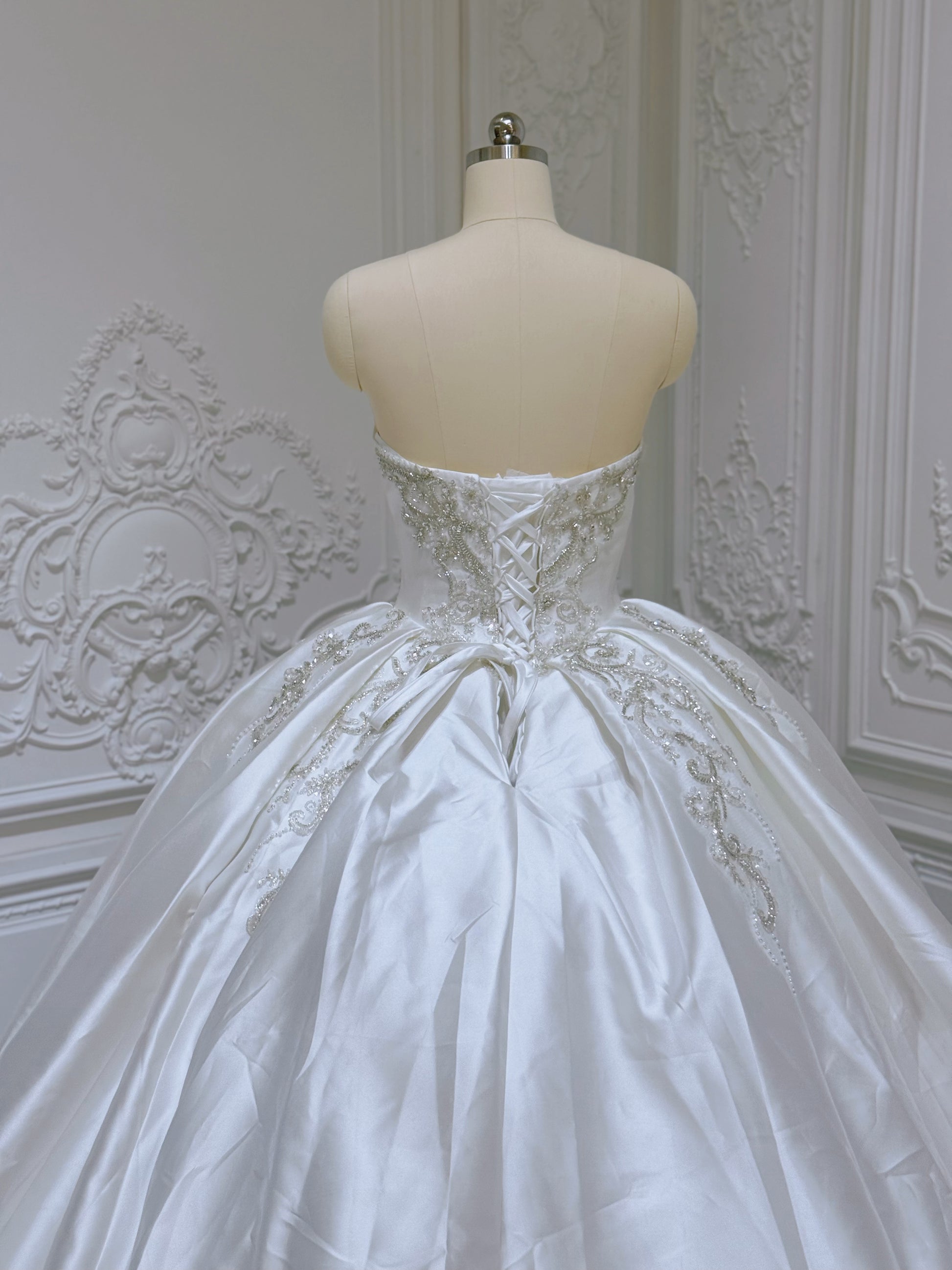 Stock of white luxury beading sparkling satin ballgown royal wedding dress - Ting's Bridal Collection