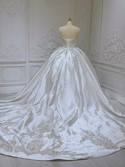 Stock of white luxury beading sparkling satin ballgown royal wedding dress - Ting's Bridal Collection