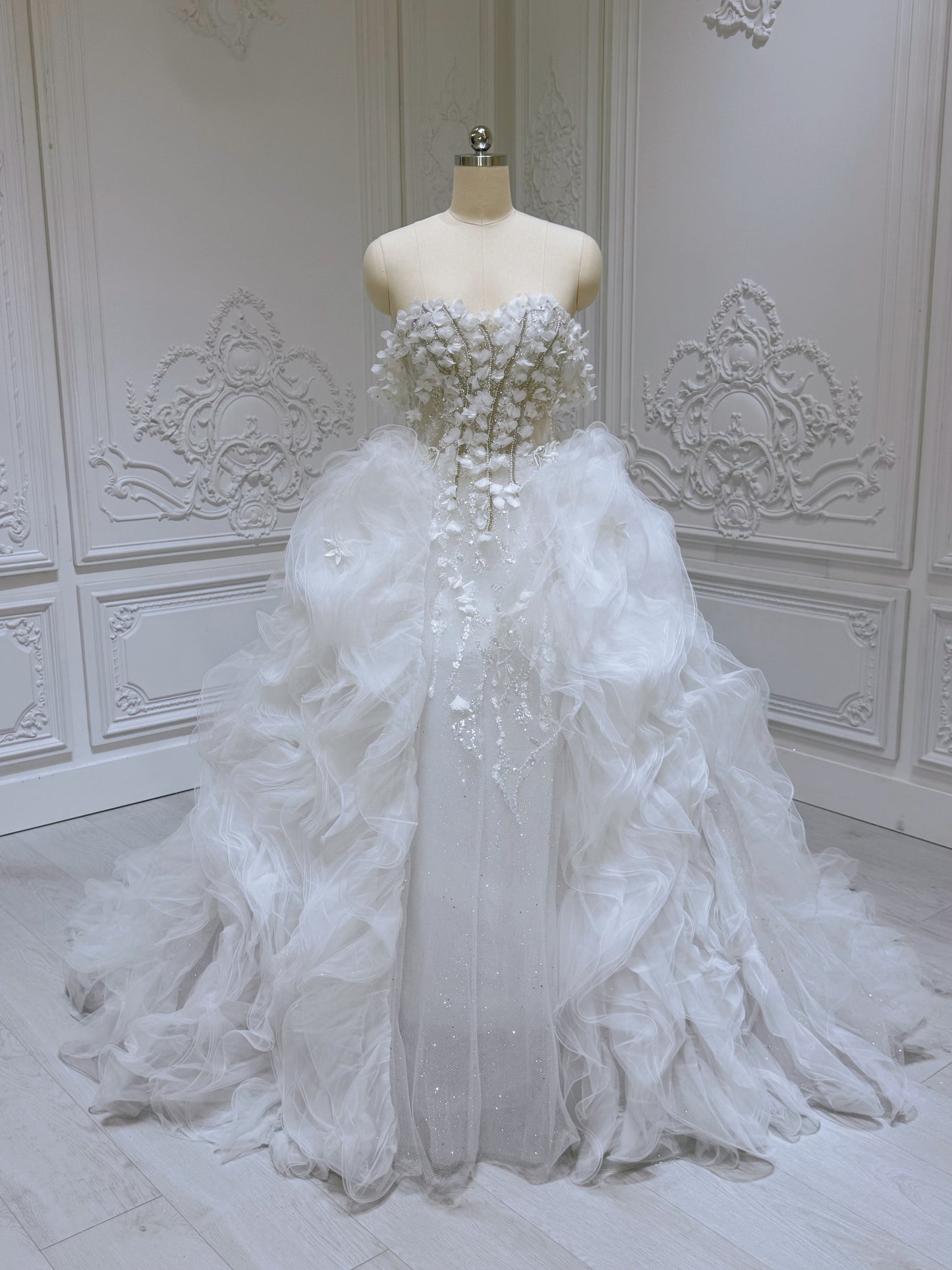 Stock Sale! Size 12 White beading with ruffled skirt ballgown fairy wedding dress - Ting's Bridal Collection