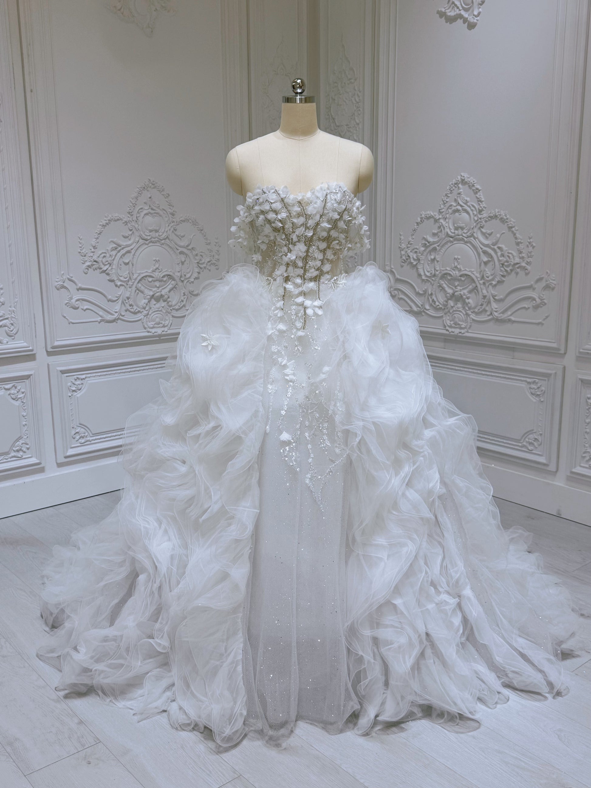 Stock Sale! Size 12 White beading with ruffled skirt ballgown fairy wedding dress - Ting's Bridal Collection