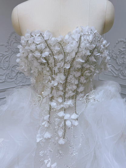 Stock Sale! Size 12 White beading with ruffled skirt ballgown fairy wedding dress - Ting's Bridal Collection