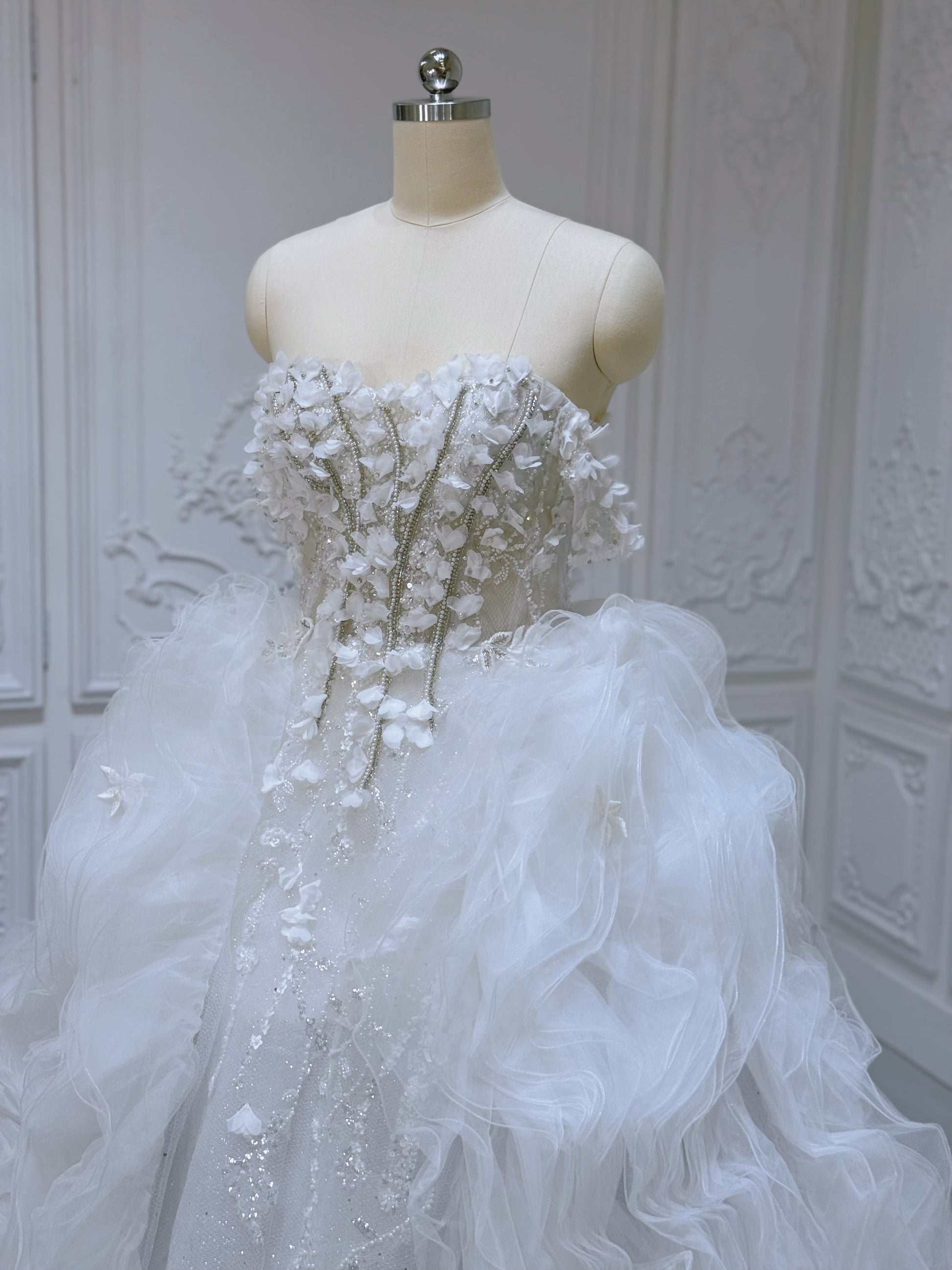 Stock Sale! Size 12 White beading with ruffled skirt ballgown fairy wedding dress - Ting's Bridal Collection