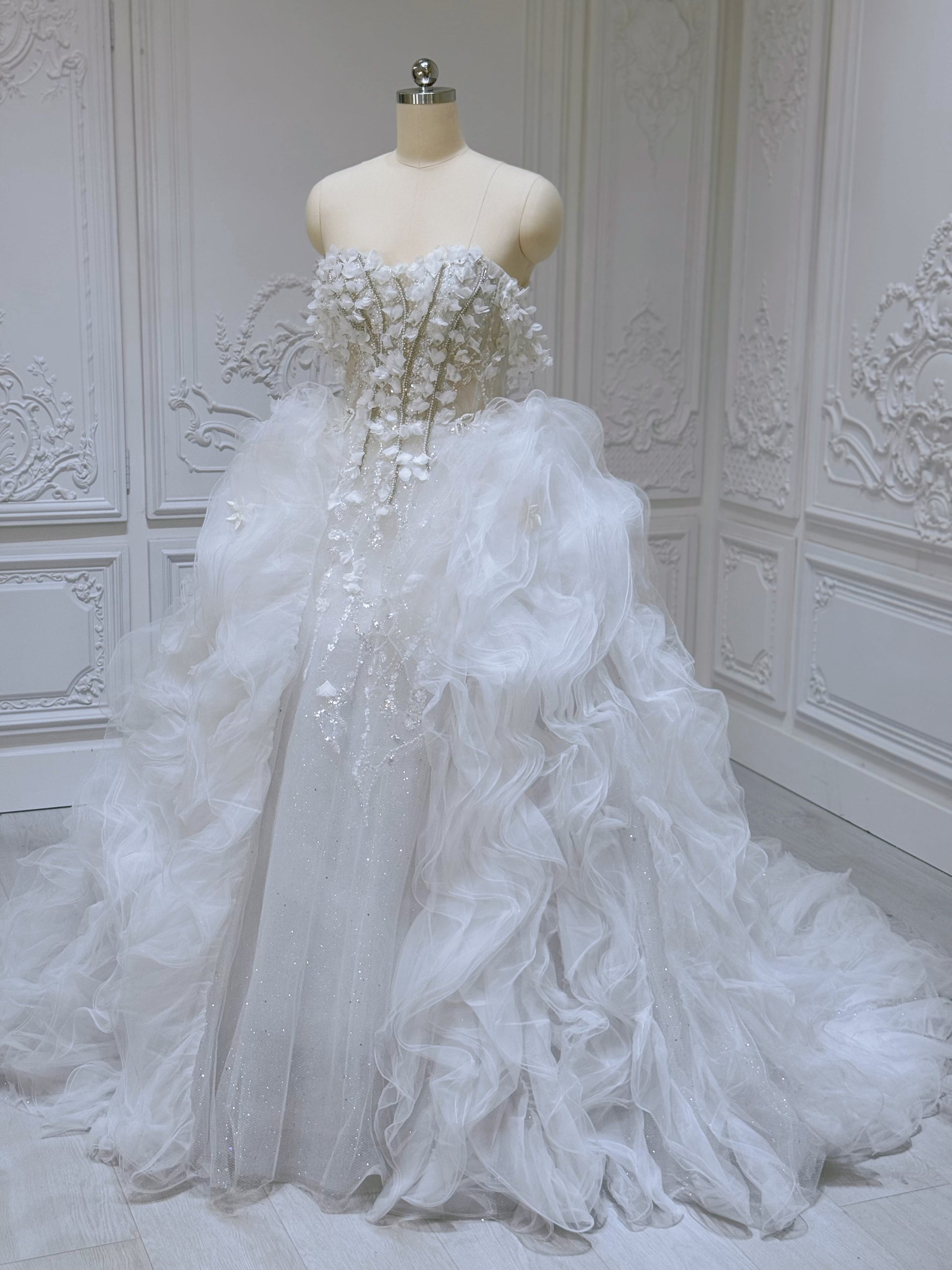 Stock Sale! Size 12 White beading with ruffled skirt ballgown fairy wedding dress - Ting's Bridal Collection