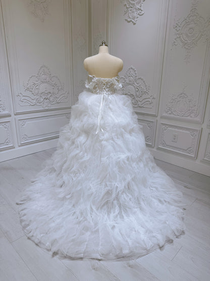 Stock Sale! Size 12 White beading with ruffled skirt ballgown fairy wedding dress - Ting's Bridal Collection