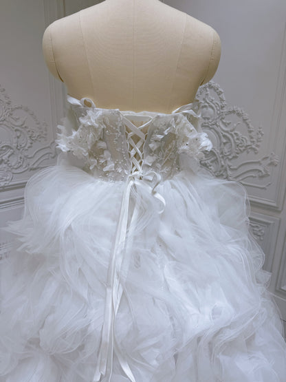 Stock Sale! Size 12 White beading with ruffled skirt ballgown fairy wedding dress - Ting's Bridal Collection