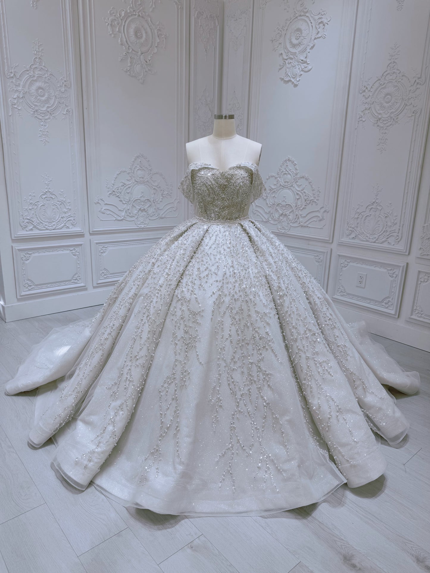 Stock of luxury pearl beaded off the shoulder princess ballgown royal wedding dress - Ting's Bridal Collection