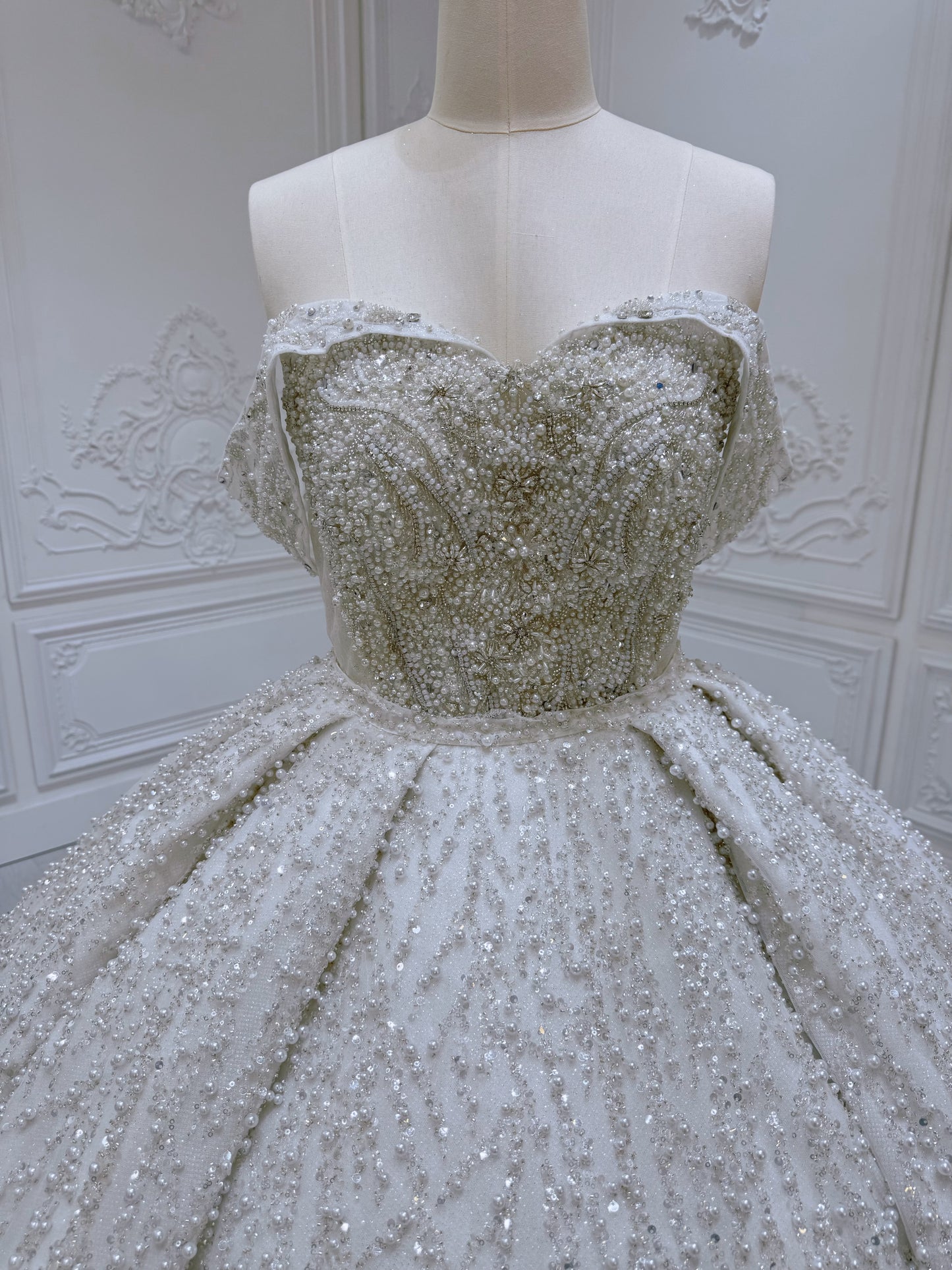 Stock of luxury pearl beaded off the shoulder princess ballgown royal wedding dress - Ting's Bridal Collection