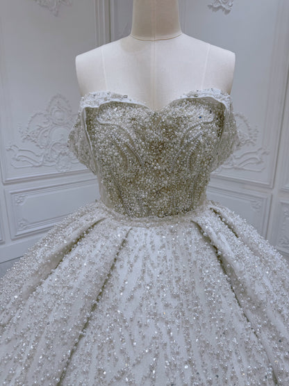 Stock of luxury pearl beaded off the shoulder princess ballgown royal wedding dress - Ting's Bridal Collection