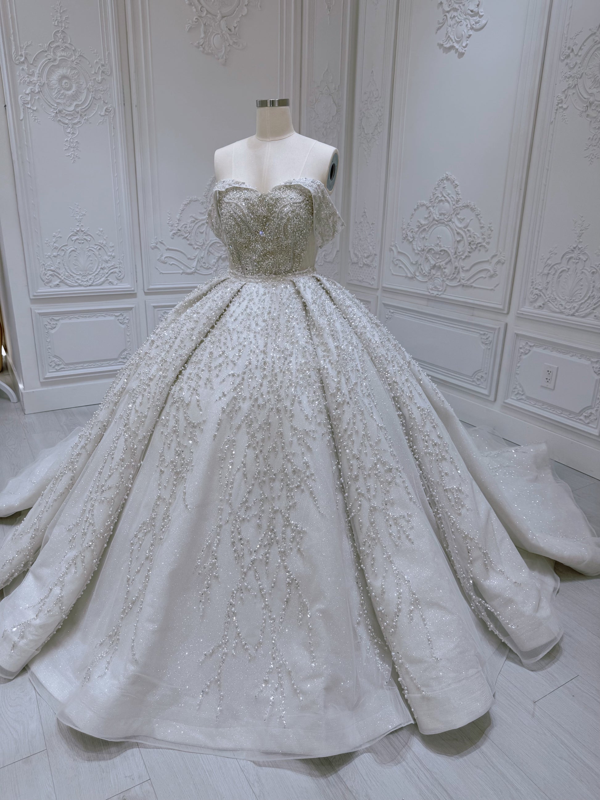 Stock of luxury pearl beaded off the shoulder princess ballgown royal wedding dress - Ting's Bridal Collection