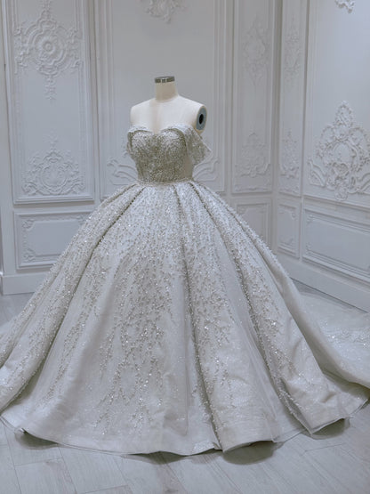 Stock of luxury pearl beaded off the shoulder princess ballgown royal wedding dress - Ting's Bridal Collection