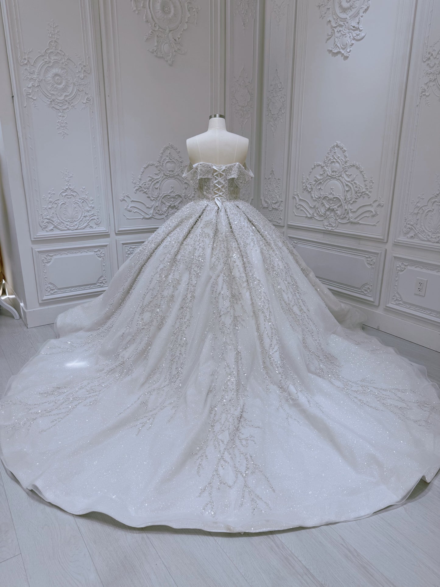 Stock of luxury pearl beaded off the shoulder princess ballgown royal wedding dress - Ting's Bridal Collection
