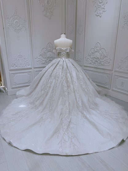 Stock of luxury pearl beaded off the shoulder princess ballgown royal wedding dress - Ting's Bridal Collection
