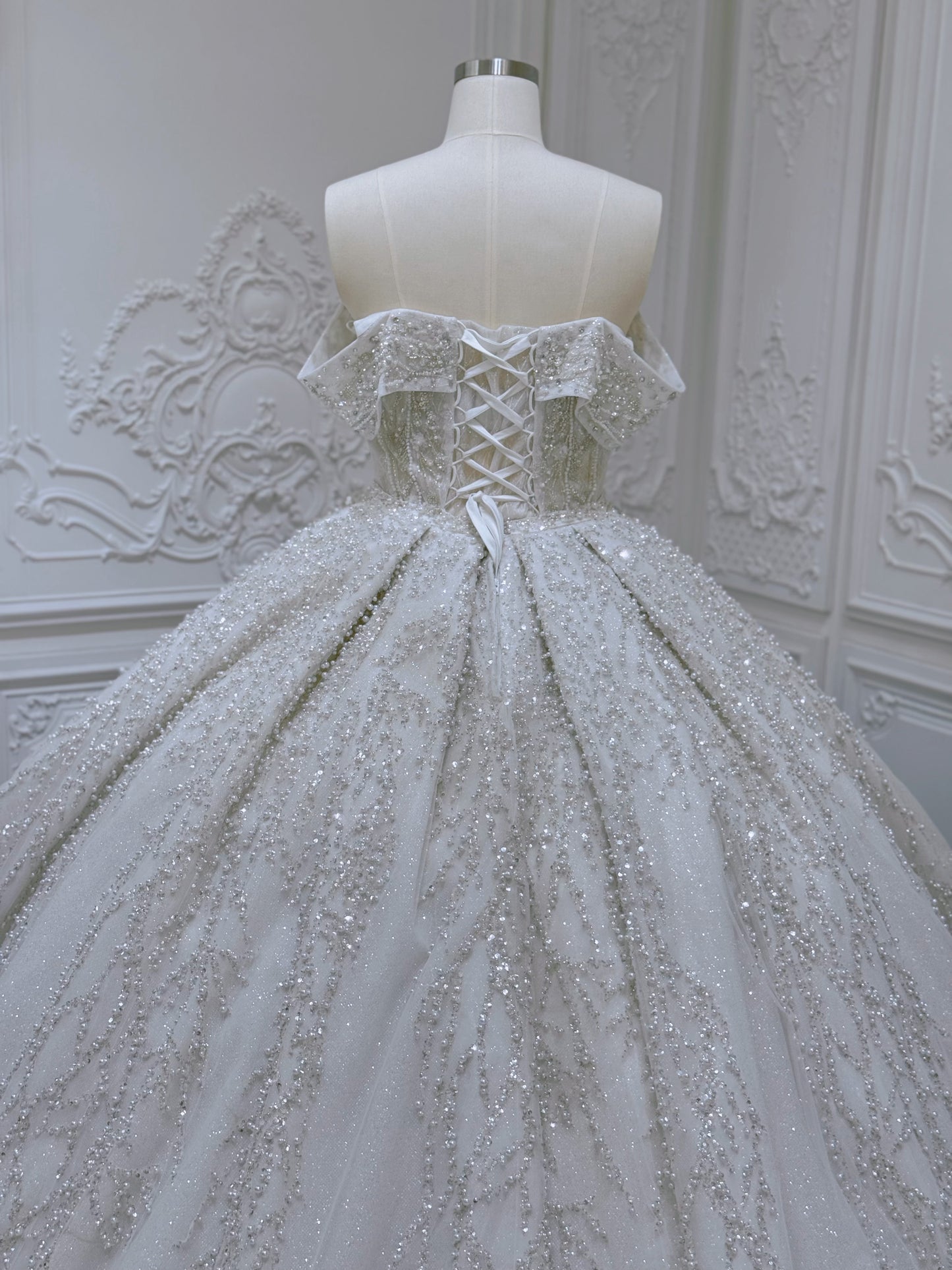 Stock of luxury pearl beaded off the shoulder princess ballgown royal wedding dress - Ting's Bridal Collection