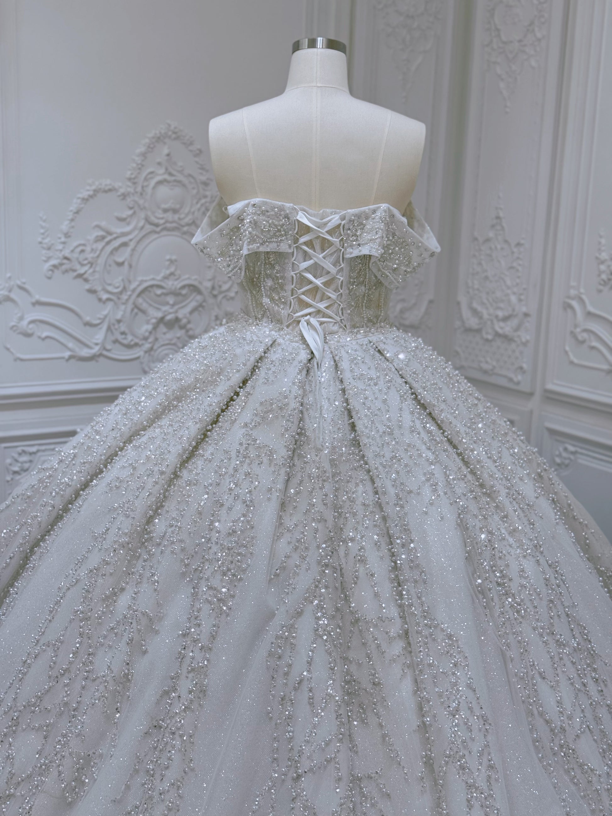 Stock of luxury pearl beaded off the shoulder princess ballgown royal wedding dress - Ting's Bridal Collection