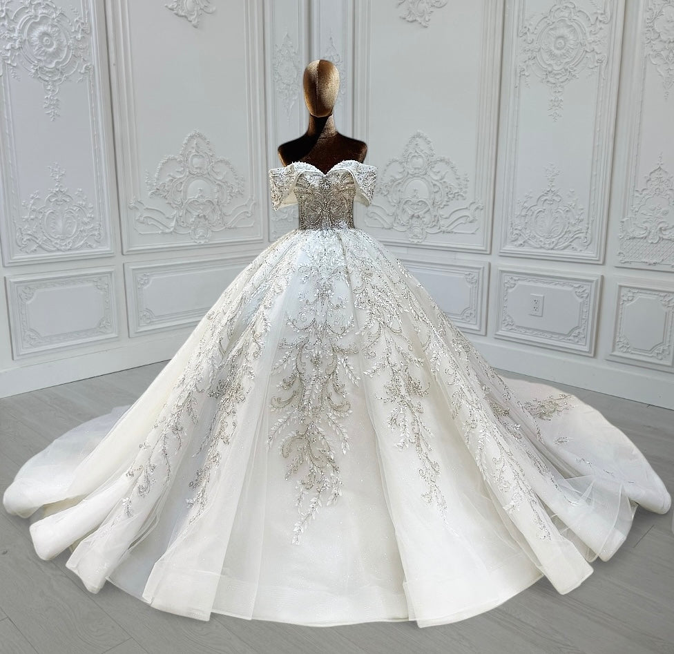 TBC-CM013 Made to order beading 3D lace embroidered off the shoulder princess ballgown fairy wedding dress - Ting's Bridal Collection