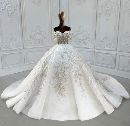 TBC-CM013 Made to order beading 3D lace embroidered off the shoulder princess ballgown fairy wedding dress - Ting's Bridal Collection