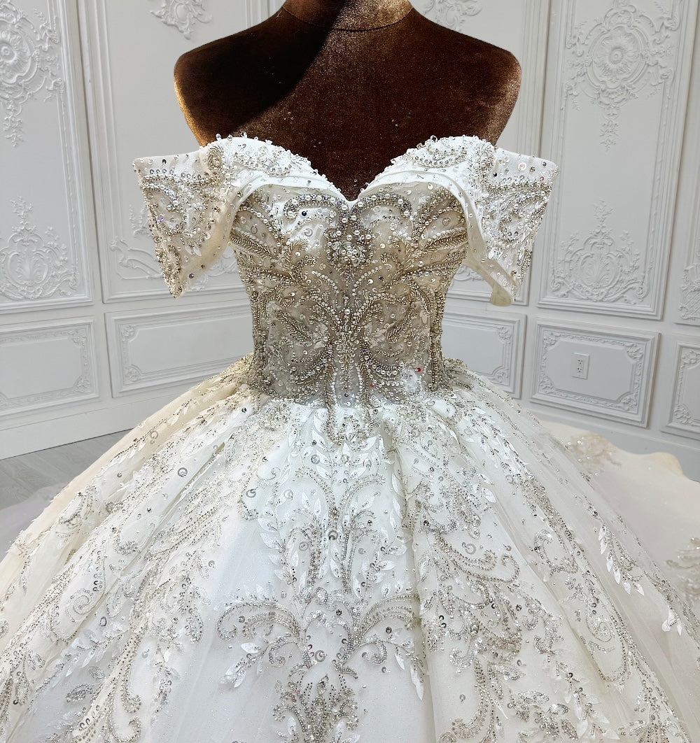 TBC-CM013 Made to order beading 3D lace embroidered off the shoulder princess ballgown fairy wedding dress - Ting's Bridal Collection