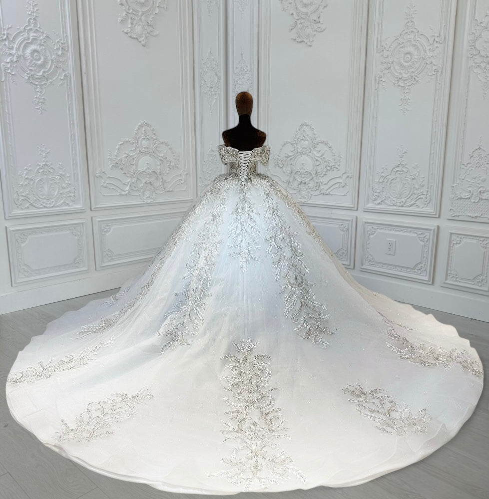 TBC-CM013 Made to order beading 3D lace embroidered off the shoulder princess ballgown fairy wedding dress - Ting's Bridal Collection