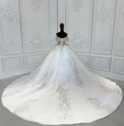 TBC-CM013 Made to order beading 3D lace embroidered off the shoulder princess ballgown fairy wedding dress - Ting's Bridal Collection