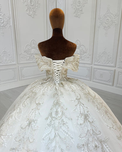 TBC-CM013 Made to order beading 3D lace embroidered off the shoulder princess ballgown fairy wedding dress - Ting's Bridal Collection