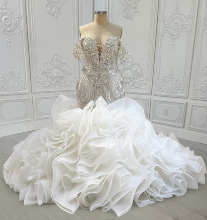 TBC-CM14 Custom-made luxury crystal beaded sparkling off the shoulder mermaid wedding dress with ruffles skirt - Ting's Bridal Collection