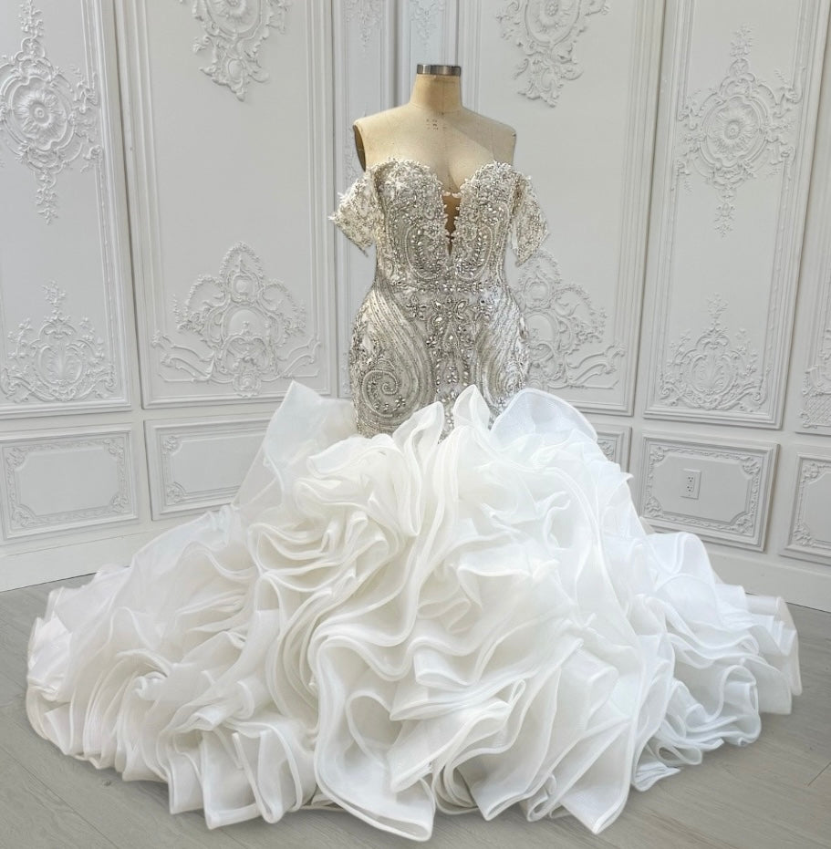 TBC-CM14 Custom-made luxury crystal beaded sparkling off the shoulder mermaid wedding dress with ruffles skirt - Ting's Bridal Collection