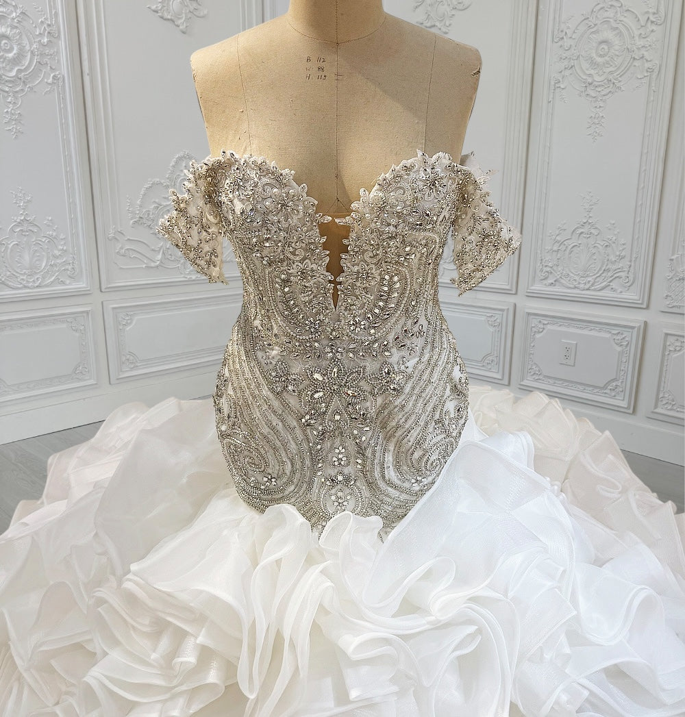 TBC-CM14 Custom-made luxury crystal beaded sparkling off the shoulder mermaid wedding dress with ruffles skirt - Ting's Bridal Collection