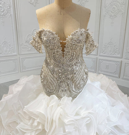 TBC-CM14 Custom-made luxury crystal beaded sparkling off the shoulder mermaid wedding dress with ruffles skirt - Ting's Bridal Collection