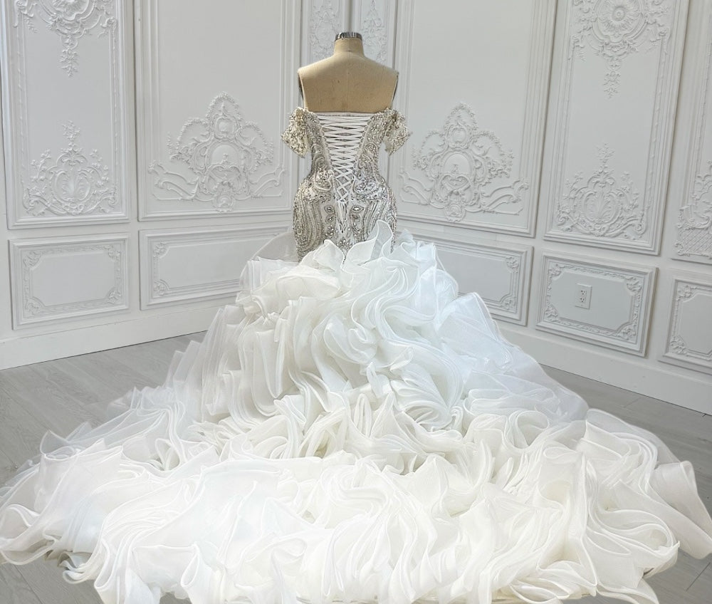 TBC-CM14 Custom-made luxury crystal beaded sparkling off the shoulder mermaid wedding dress with ruffles skirt - Ting's Bridal Collection