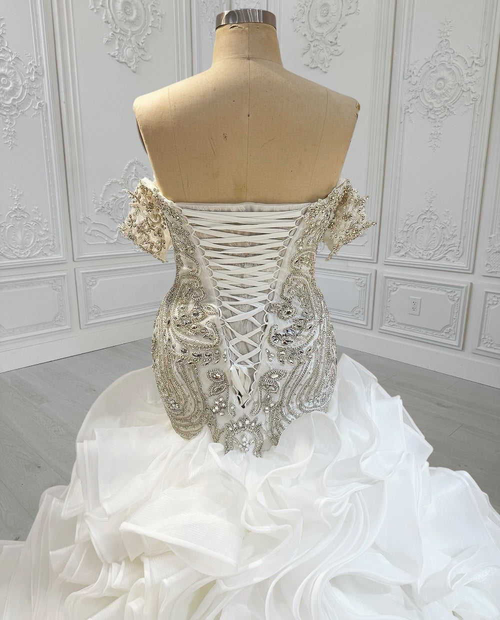 TBC-CM14 Custom-made luxury crystal beaded sparkling off the shoulder mermaid wedding dress with ruffles skirt - Ting's Bridal Collection