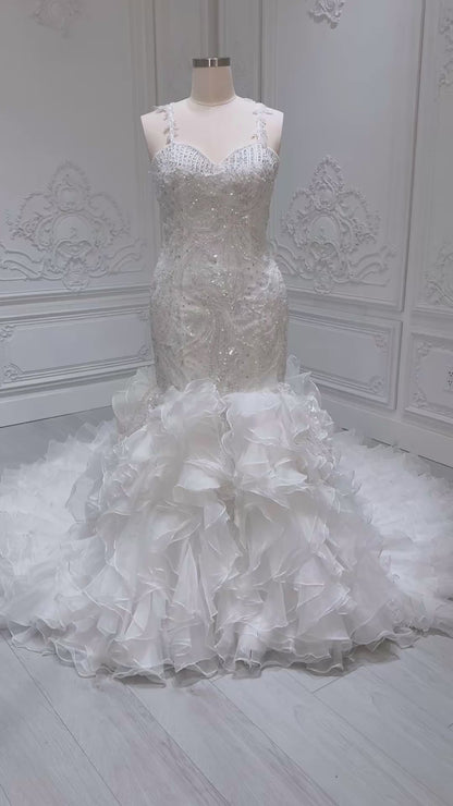 Stock Clearance! Bridal size 14! Custom-made beading lace sweetheart mermaid wedding dress with ruffled skirt